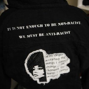 Custom Embroidered Black Denim Jacket Angela Davis